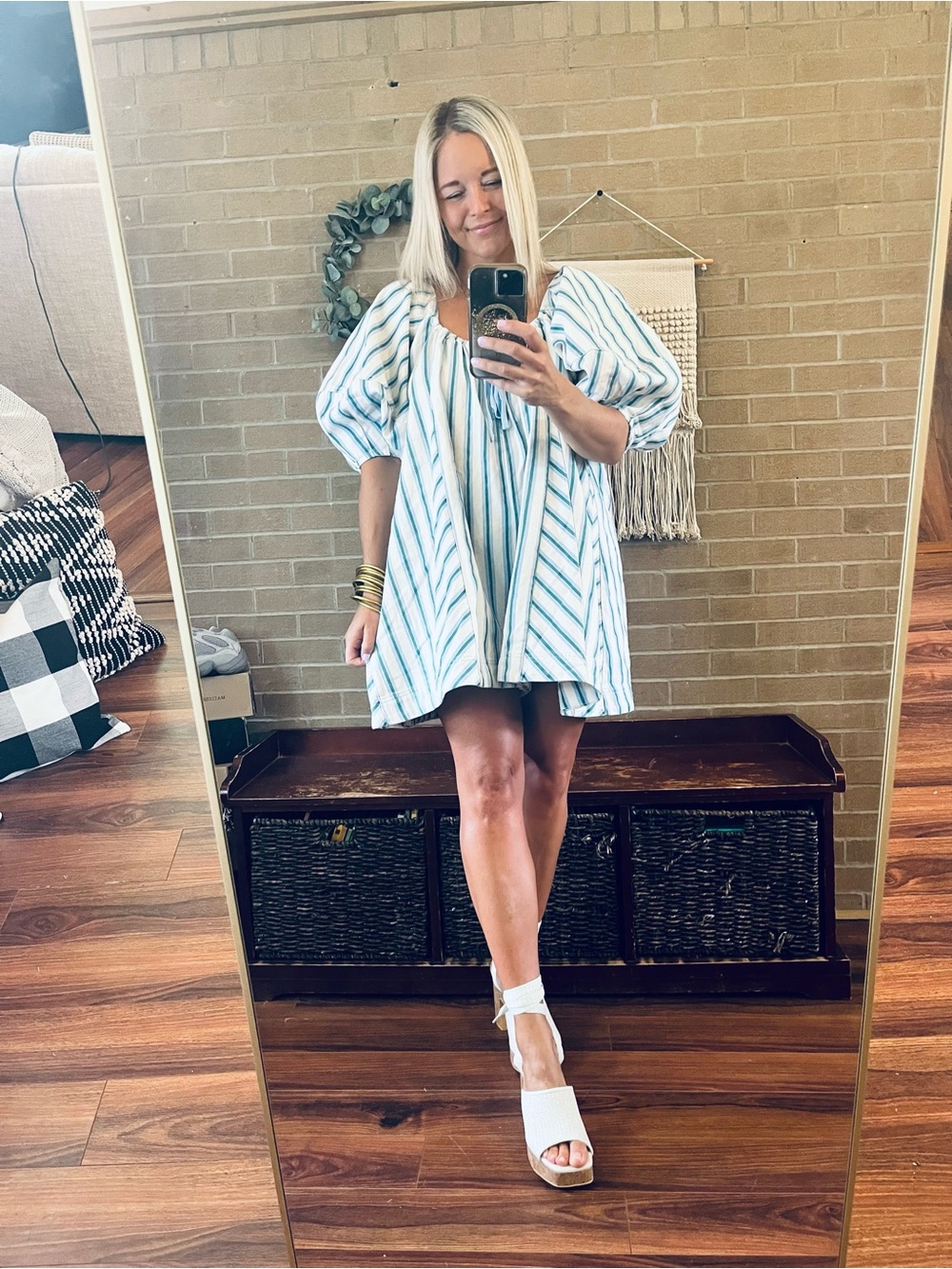 Peach Love California White & Light Blue Striped Puff Sleeve Romper